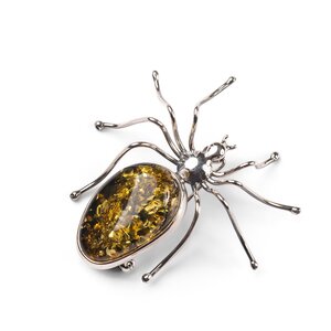 Handmade Large Spider Brooch In Silver And Green Amber Default Title