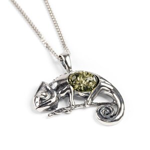 Chameleon On Branch Necklace In Silver And Amber 16 42cm