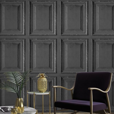 Rustic Wood Panel Wallpaper Black Grandeco A49203