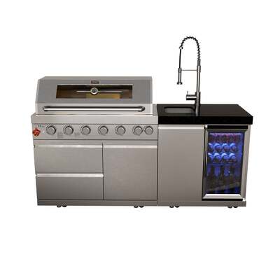 Draco Grills 6 Burner BBQ Modular Outdoor Kitchen with Sink and Fridge Unit, Available Now / With Granite Side Panels