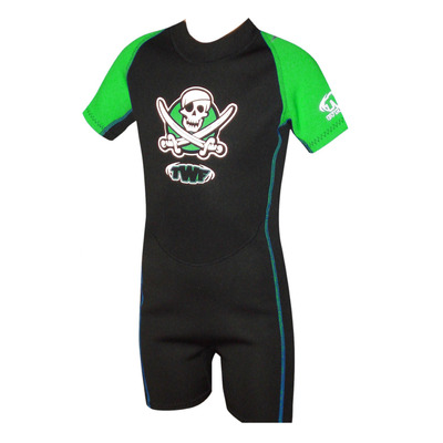 Child Boys Girls Shorty Shortie Wetsuit UV Swim Suit - Age 1-2 years - Pirate Green Skull Crossbones