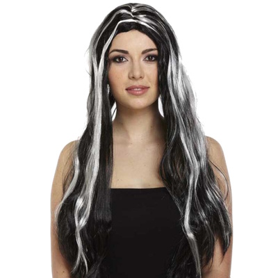 Adult Ladies Black & White Streak Halloween Long Witch Wig