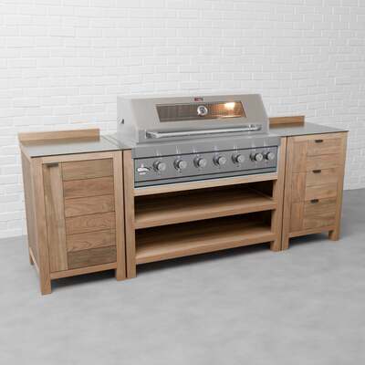 Draco Grills Teak 6 Burner Outdoor Kitchen with Modular Single Cupboard and Triple Drawer Unit, Without Side Panels / End of July 2024