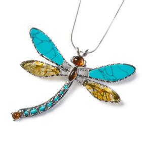Exotic Dragonfly Necklace In Silver Turquoise And Amber 16 42cm