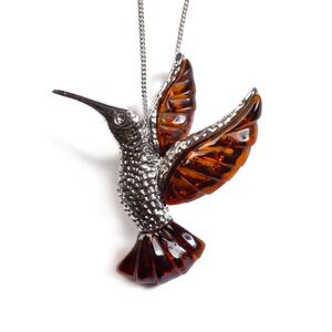 Hummingbird Necklace In Silver And Amber Cognac 16 42cm