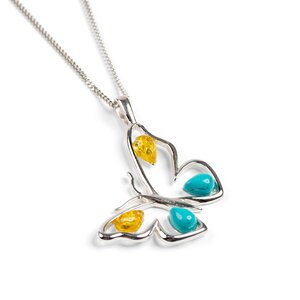 Large Butterfly Necklace In Silver Turquoise And Amber 18 455cm