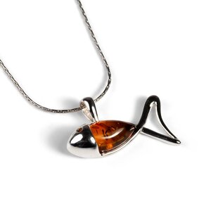 Little Fish Ichthys Fish Necklace In Silver And Amber 22 56cm