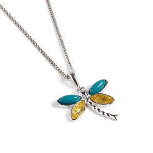 Pointed Dragonfly Necklace In Silver Turquoise And Yellow Amber 16 42cm