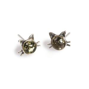 Cute Cat Face Stud Earrings In Silver And Green Amber Default Title