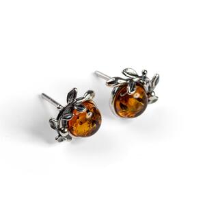 Leaf Motif Stud Earrings In Silver And Amber Cognac
