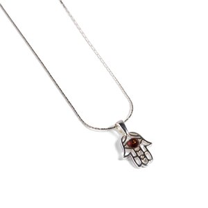 Miniature Hamsa Hand Necklace In Silver And Amber 16 42cm