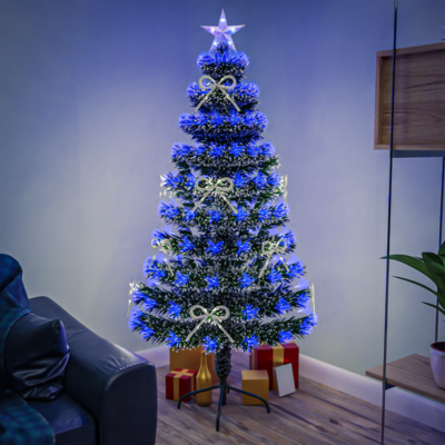 White Tipped Green Fibre Optic Christmas Tree 2ft to 7ft with Blue LED Lights and White Bows, 7ft / 2.1m