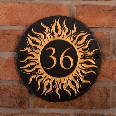 Round Rustic Slate House Number with Golden Sun 2