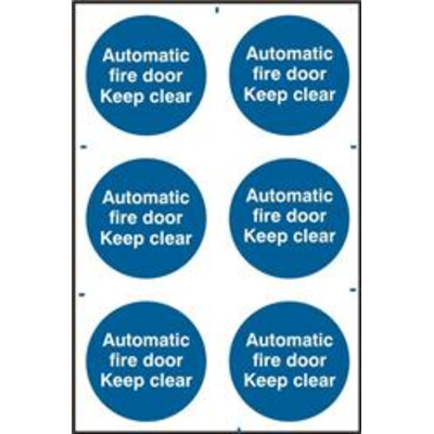 ASEC Automatic Fire Door Keep Clear 200mm x 300mm PVC Self Adhesive Sign - 6 Per Sheet