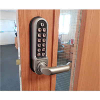 BL5003 FT 30/60 min fire tested, round bar handle keypad, round bar inside handle & free passage mode - Satin Stainless