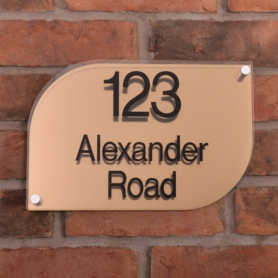 Metallic Acrylic House Signs &pipe; brushed brass effect &pipe; half rounded rectangle &pipe; 300 x 200