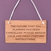 Image of Wooden hanging sign - The future that you planned has been cancelled. Please remain calm and await further instructions.