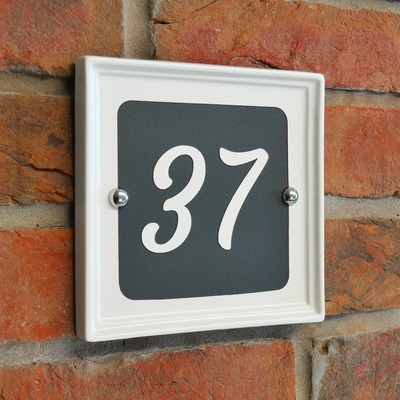 Ceramic House Number, Square 17 x 17cm, White, Engraved with Anthracite Grey Background