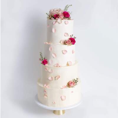 Four Tier Decorated White Wedding Cake - Pink & Petals - Four Tier (12", 10", 8", 6")