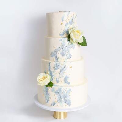 Four Tier Watercolour Rose Wedding Cake - Blue - Four Tier (12", 10", 8", 6")