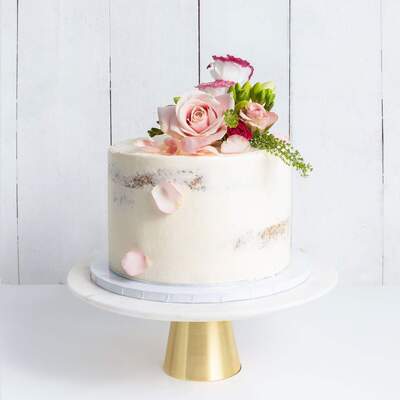 One Tier Decorated Naked Wedding Cake - Pink & Petals - 8" Medium