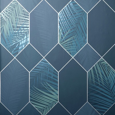 Miami Geometric Leaf Wallpaper Navy / Silver Fine Decor FD42837
