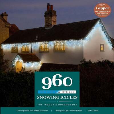 Noma Christmas 240, 360, 480, 720, 960 Snowing Icicle LED Lights with White Cable- White/ Ice Blue, 960 Bulbs