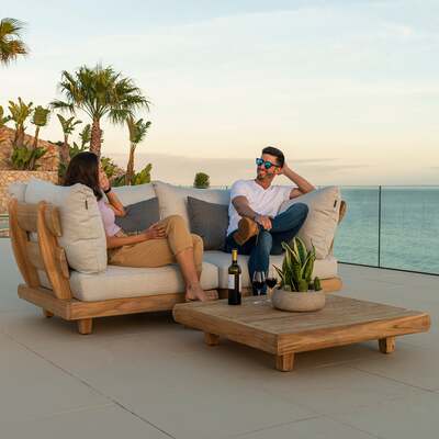 Alexander Rose Outdoor Sorrento Teak Lounge Sofa with Cushion and Coffee Table, Kvadrat Polar