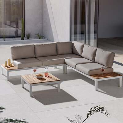 Kettler Elba White Teak Top Aluminium Low Corner Lounge Sofa Set with Coffee Table