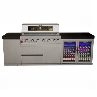 Draco Grills 6 Burner BBQ Modular Outdoor Kitchen with Single Cupboard and Double Fridge Unit, Available Now / Without Granite Side Panels