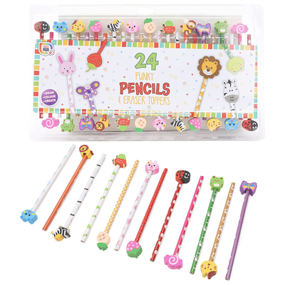 Pack Of 24 Funky Animal Pencils & Eraser Toppers