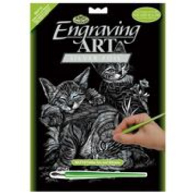Tabby Cat And Kittens Silver Regular Size Engraving Art Scraperfoil