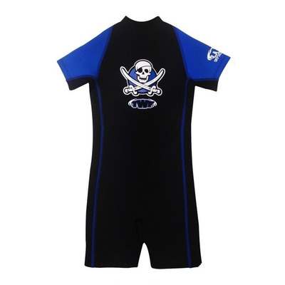 Child Boys Girls Shorty Shortie Wetsuit UV Swim Suit - Age 1-2 years - Pirate Blue Skull Crossbones