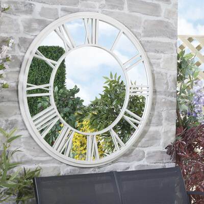 White Outdoor Roman Numeral Clock Garden Mirror
