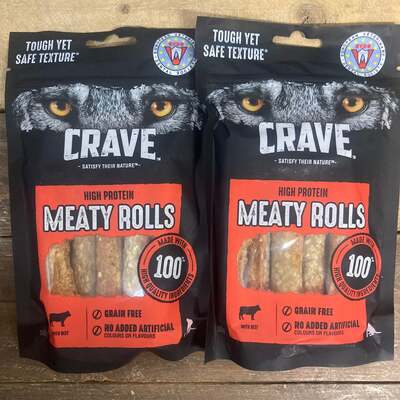2x Crave Natural Grain Free Meaty Rolls Adult Dog Treats with Beef (2x50g)