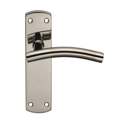 Eurospec Curved Stainless Steel Door Handles On Backplates, Dual Finish Satin & Polished Stainless Steel - CSLP1163 (sold in pairs) DUAL FINISH SATIN AND POLISHED - LATCH