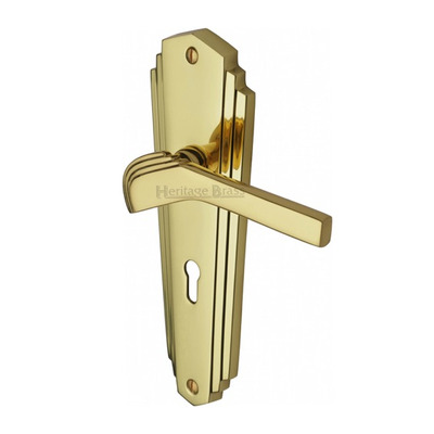 Heritage Brass Waldorf Art Deco Style Door Handles, Polished Brass - WAL6500-PB (sold in pairs) LOCK (WITH KEYHOLE)