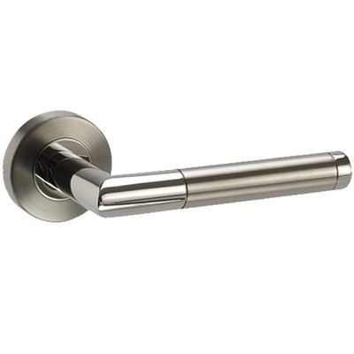 Access Hardware Mitred Door Handles On Round Rose, Dual Finish Satin & Polished Stainless Steel - B3310D (sold in pairs) DUAL FINISH: SATIN & POLISHED STAINLESS STEEL