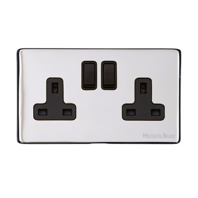 M Marcus Electrical Vintage Double 13 AMP Switched Socket, Polished Chrome With Black Switch - X02.150.BK POLISHED CHROME