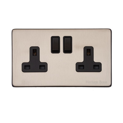M Marcus Electrical Vintage Double 13 AMP Switched Socket, Satin Nickel With Black Switch - X05.150.BK SATIN NICKEL