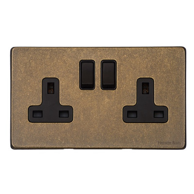 M Marcus Electrical Vintage Double 13 AMP Switched Socket, Rustic Brass With Black Switch - XRB.150.BK RUSTIC BRASS