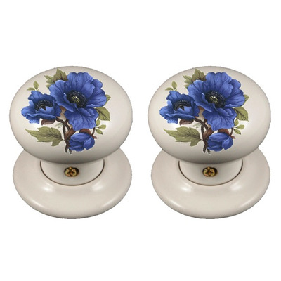 Chatsworth Floral Porcelain Mortice Door Knobs, Blue Poppy - BUL602-7-BLU-POPPY (sold in pairs) PORCELAIN BLUE POPPY MORTICE KNOB