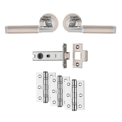 Carlisle Brass Belas Door Pack Including Handles On Round Rose, 3" Latch & 3 x 2" Hinges (x3), Satin Nickel & Polished Chrome - UDP006SNCP/INTB (sold in pairs) BELAS ULTIMATE DOOR PACK - SATIN NICKEL & POLISHED CHROME