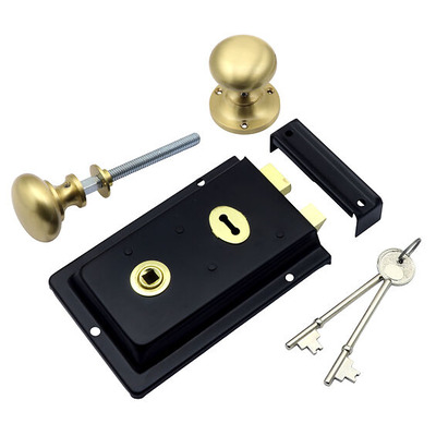 Prima Rim Lock (155mm x 105mm) With Mushroom Rim Knob (52mm), Black With Satin Brass Knob - BH1015BL/SB (sold as a set) BLACK LOCK WITH SATIN BRASS KNOB