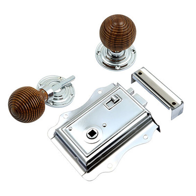 Prima Fancy Rim Lock (125mm x 120mm) With Rosewood Reeded Rim Knob (54mm), Polished Chrome - BH1026BC (sold as a set) POLISHED CHROME FANCY RIM LOCK WITH REEDED ROSEWOOD KNOB