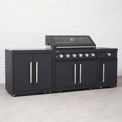 Draco Grills Fusion 6 Burner Black Outdoor Kitchen with Modular Side Burner and Double Cupboard, End of April 2024