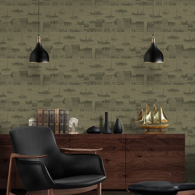 Travelogue Collection Postcard to Inger Wallpaper Olive Green Mini Moderns MMTLG05OL
