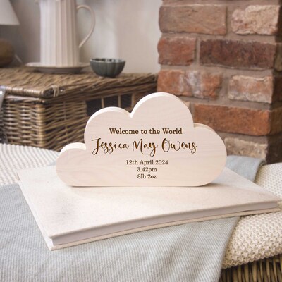 Personalised Wooden Cloud Birth Announcement White Wash
