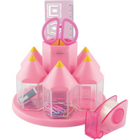 EXERZ Rotary Desk Organiser Pen Tidy Set with 5 Accessory Boxes -with Safety Scissors (NOT Sharp), Ruler, Tape Dispenser, Eraser, Clips – Pink