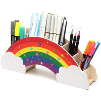 EXERZ Rainbow Pencil Holder + 50pcs Star Stickers – Wooden Desk Organiser